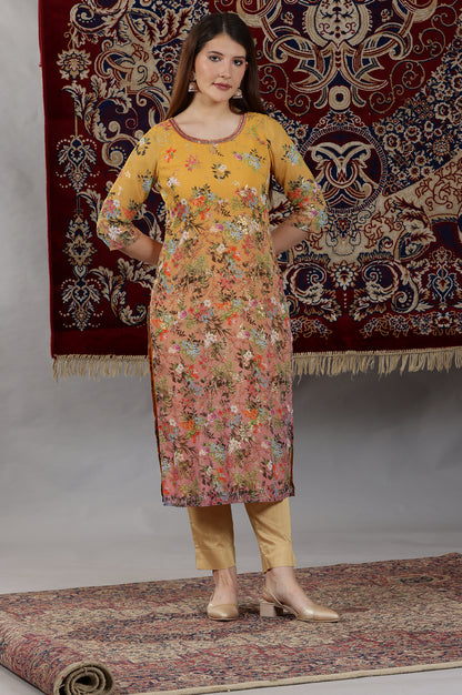 Yellow and Peach Straight Georgette Kurta with Multi-colour Floral Print