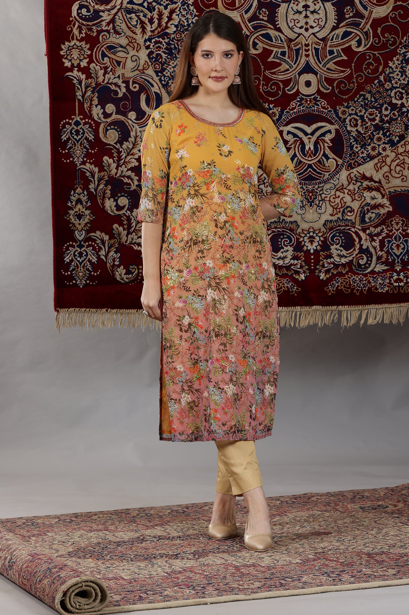 Yellow and Peach Straight Georgette Kurta with Multi-colour Floral Print