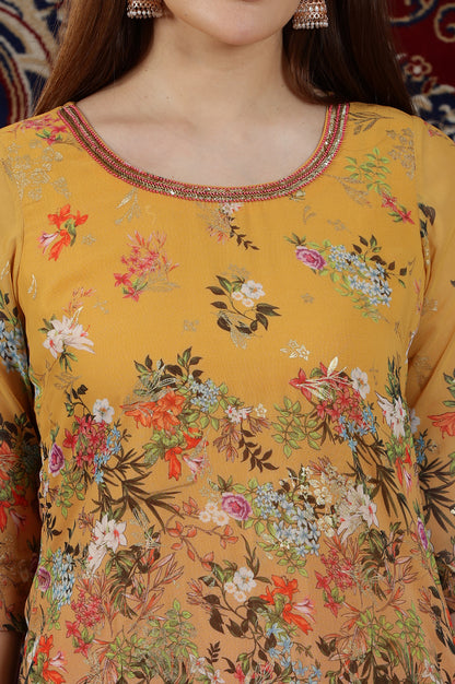 Yellow and Peach Straight Georgette Kurta with Multi-colour Floral Print