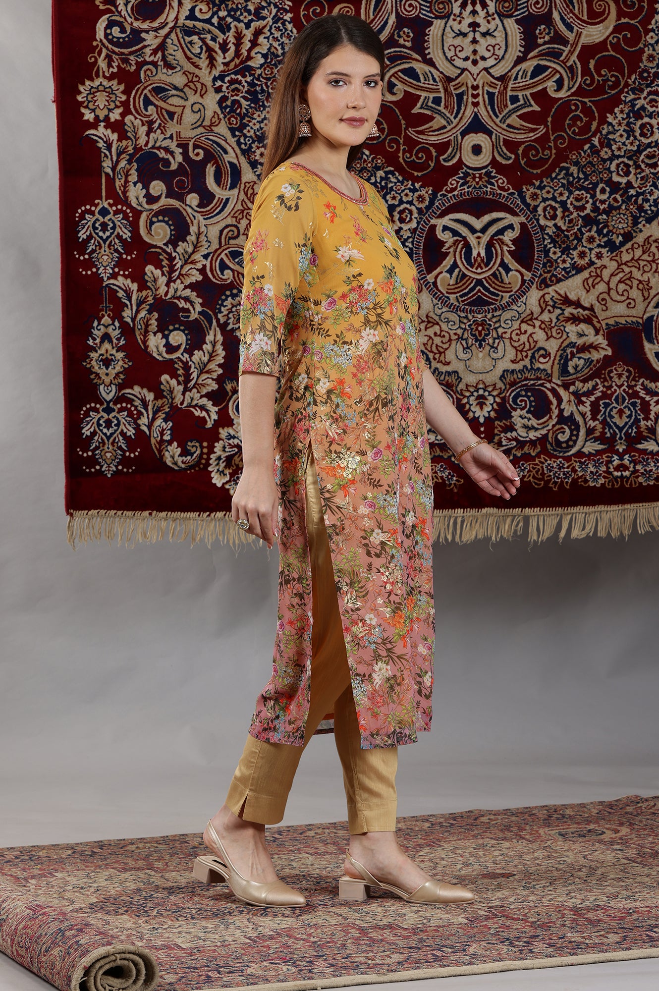 Yellow and Peach Straight Georgette Kurta with Multi-colour Floral Print