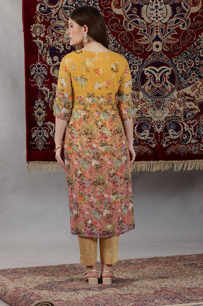 Yellow and Peach Straight Georgette Kurta with Multi-colour Floral Print