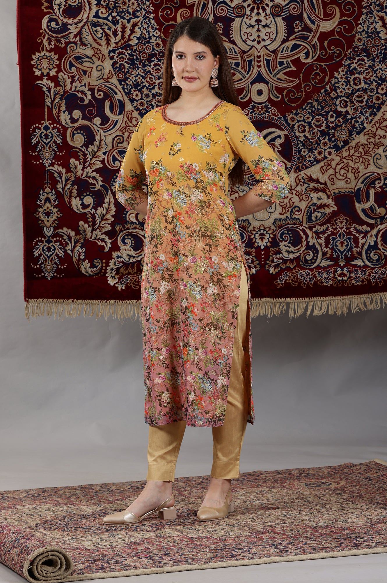 Yellow and Peach Straight Georgette Kurta with Multi-colour Floral Print