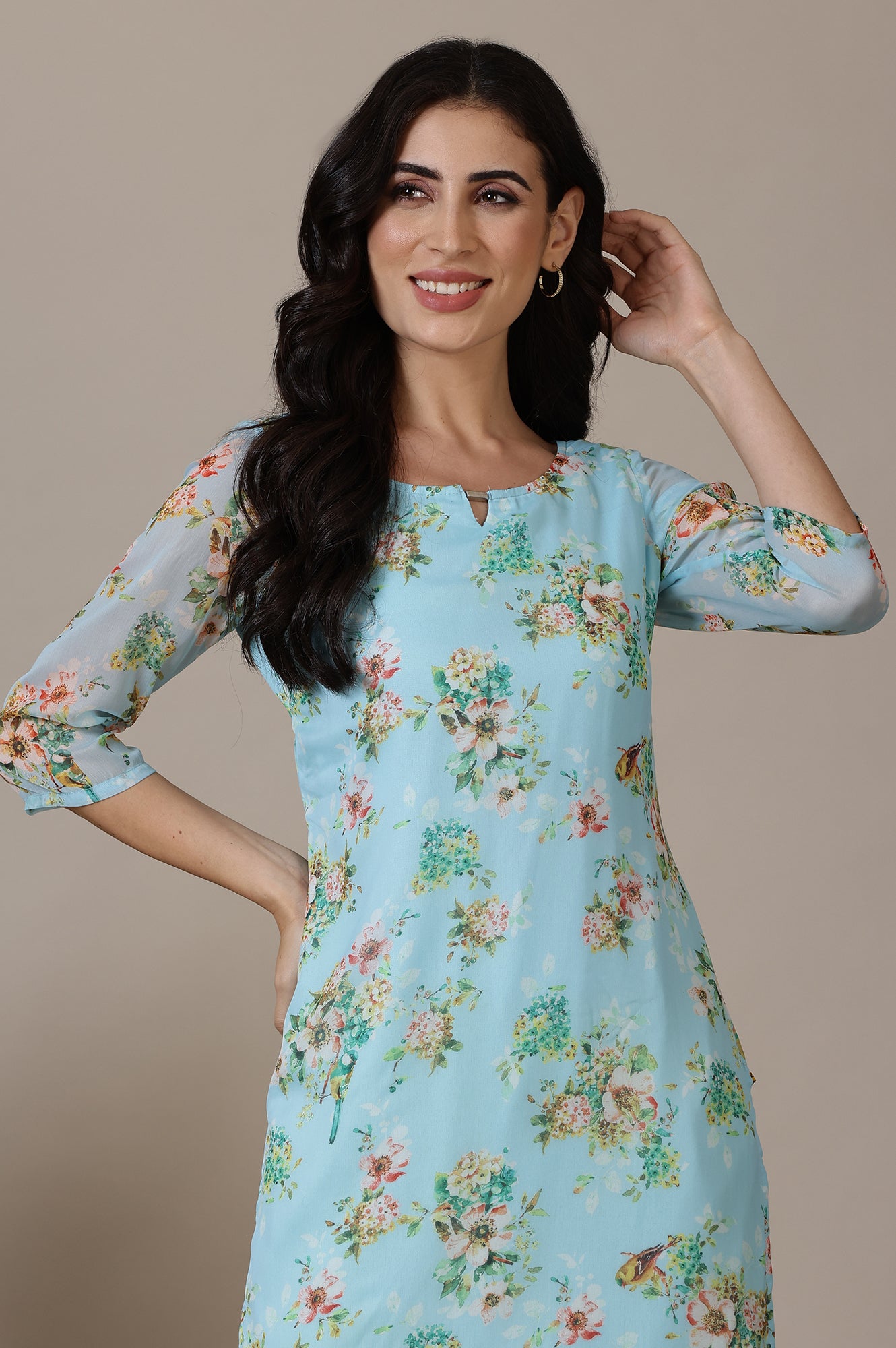 Sky Blue Floral Printed Chiffon Kurta