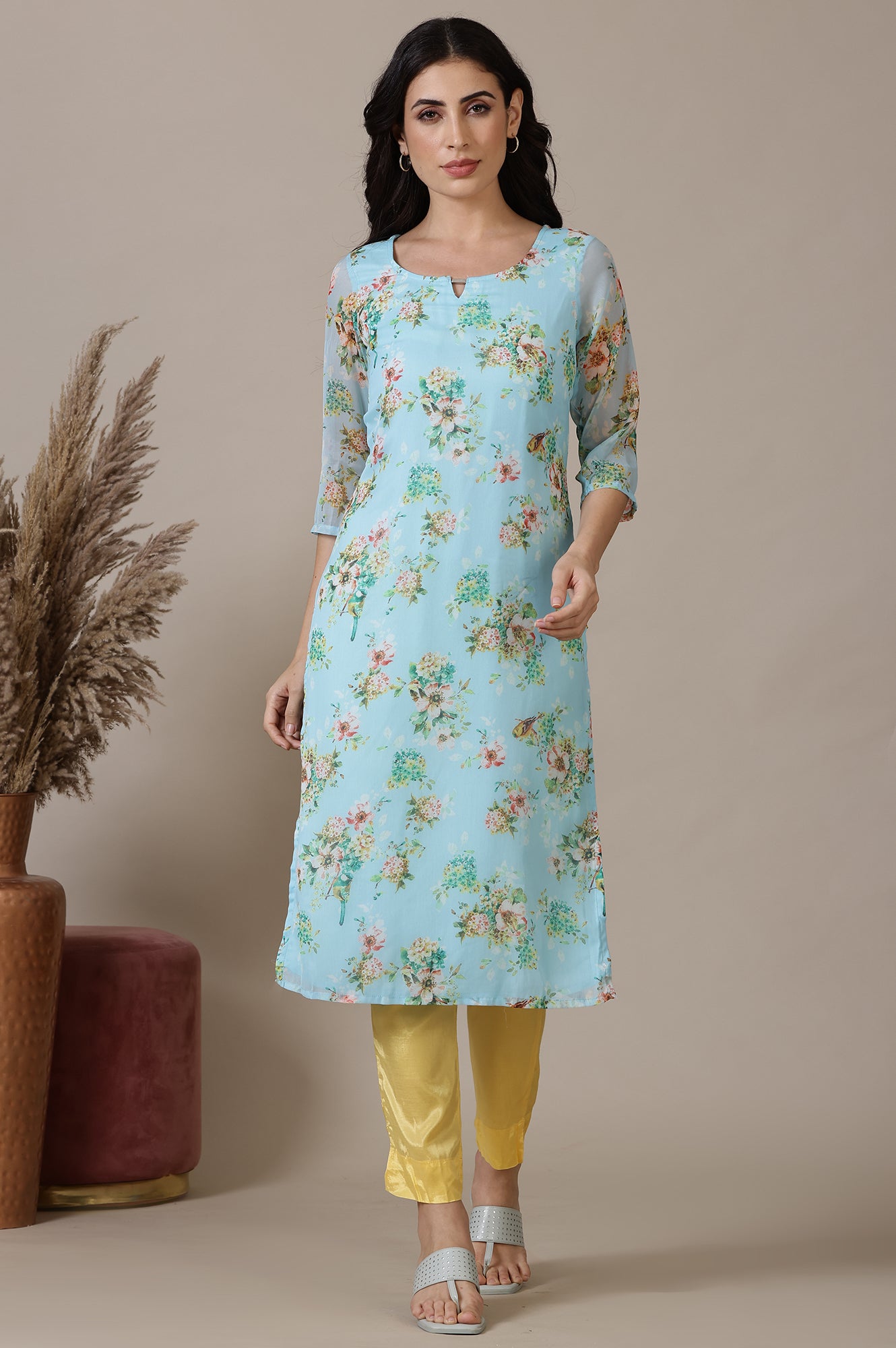 Sky Blue Floral Printed Chiffon Kurta