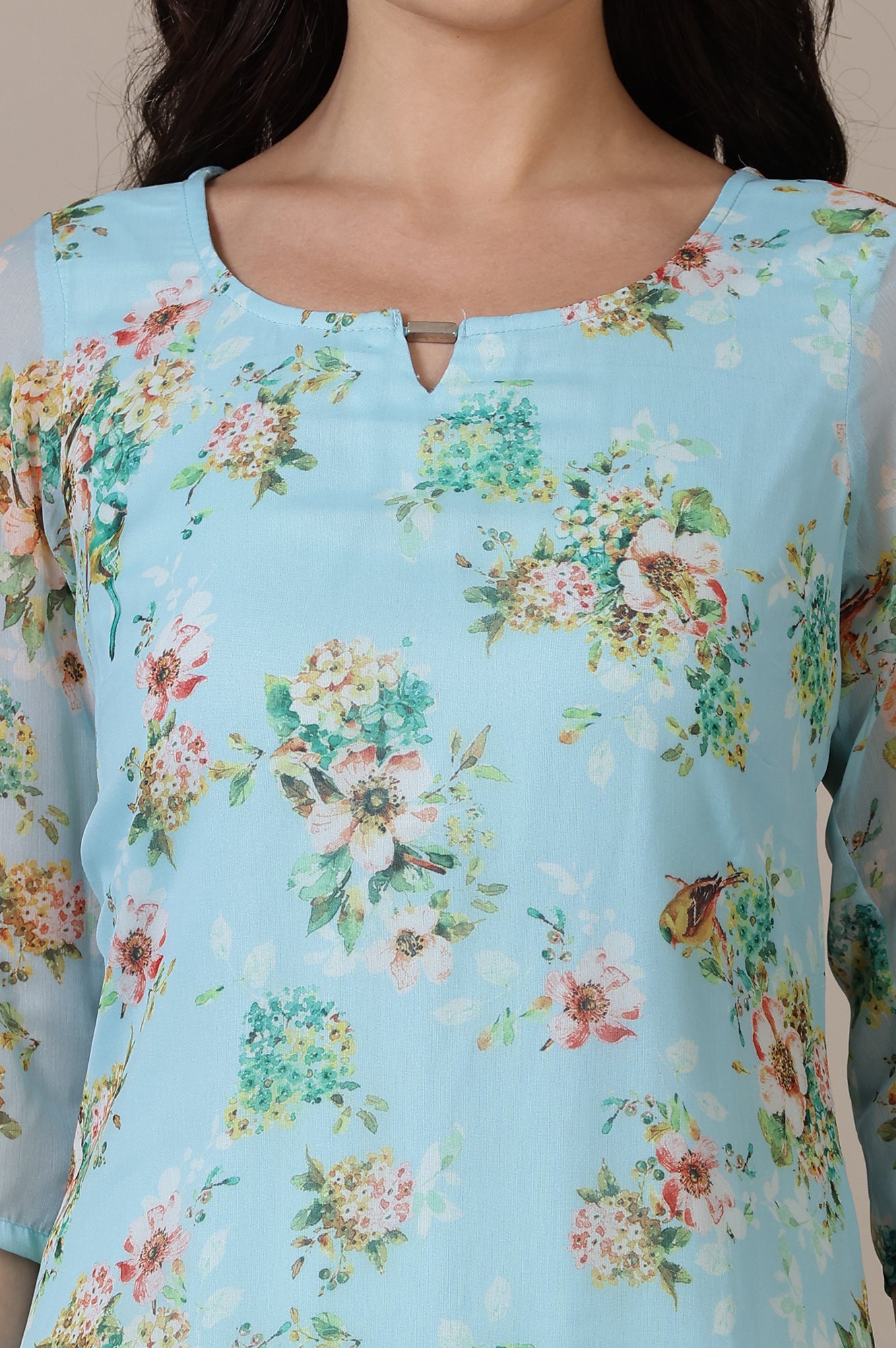 Sky Blue Floral Printed Chiffon Kurta