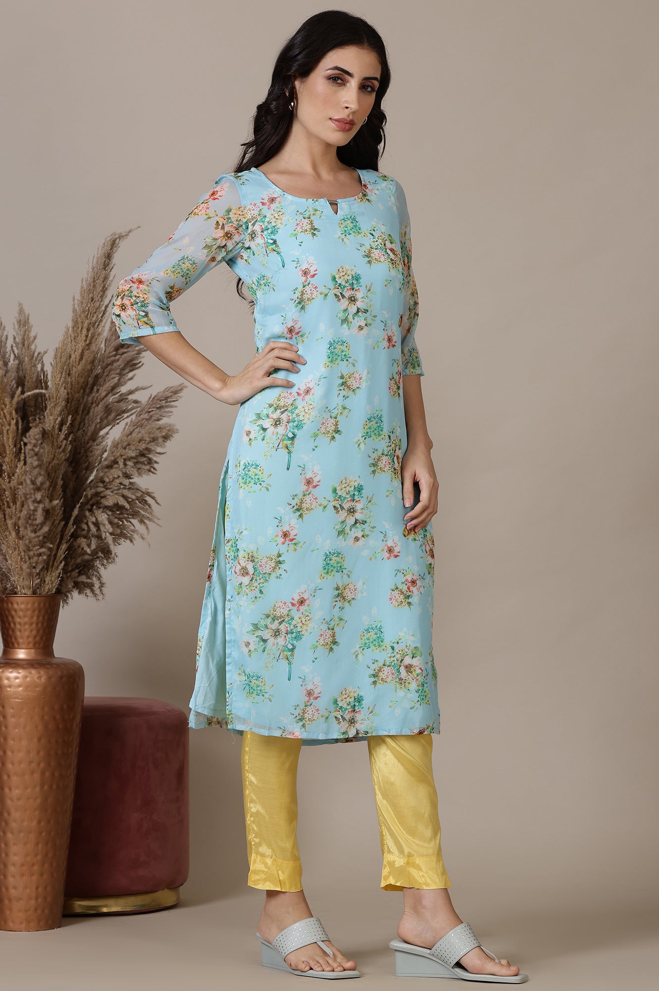 Sky Blue Floral Printed Chiffon Kurta