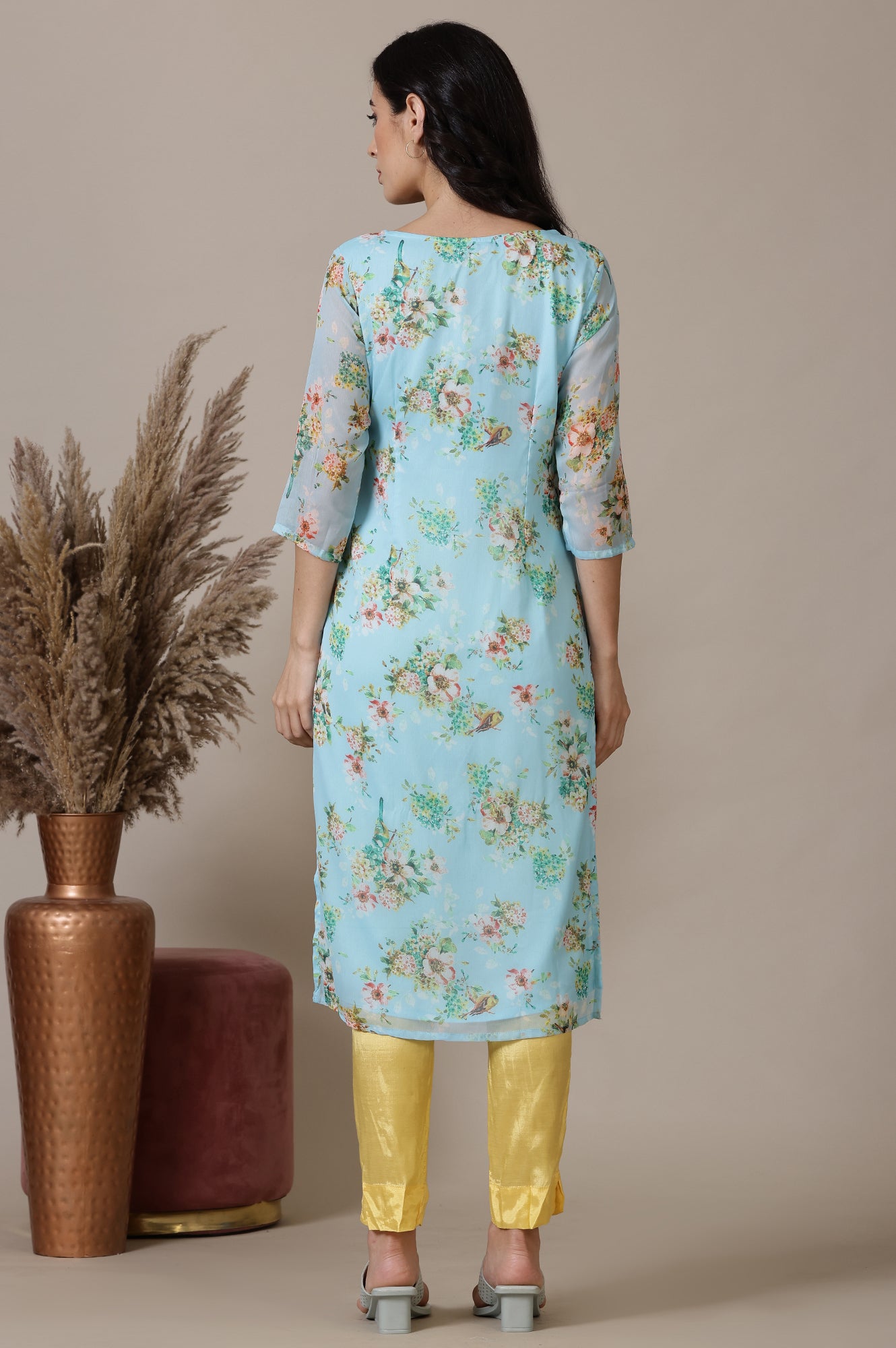 Sky Blue Floral Printed Chiffon Kurta