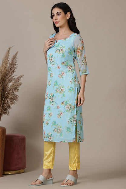 Sky Blue Floral Printed Chiffon Kurta