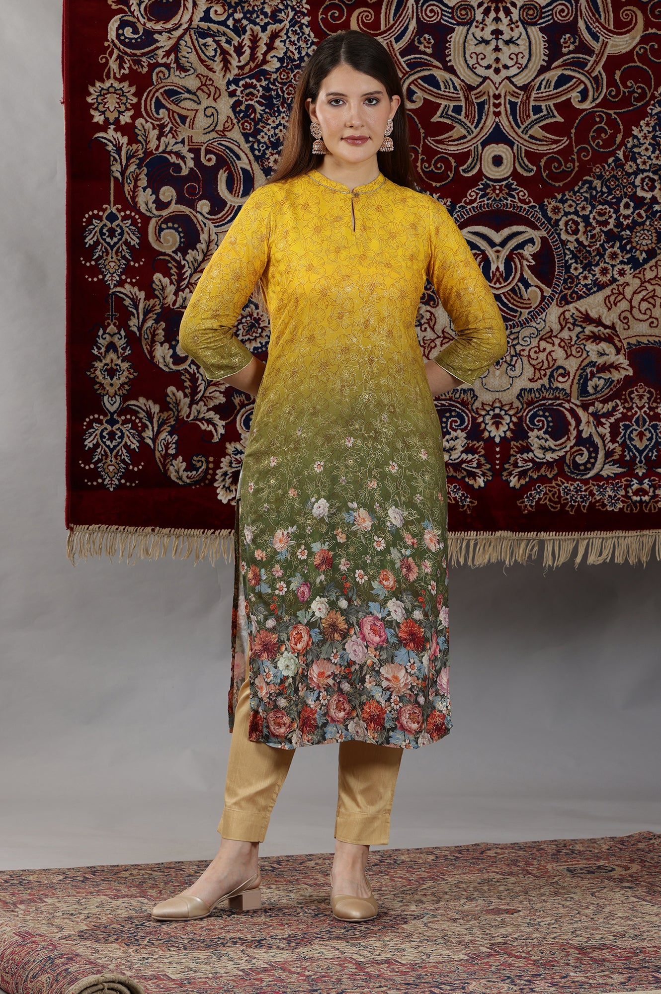 Yellow &amp; Green Ombre Coloured Straight Kurta with Multi-coloured Floral Print