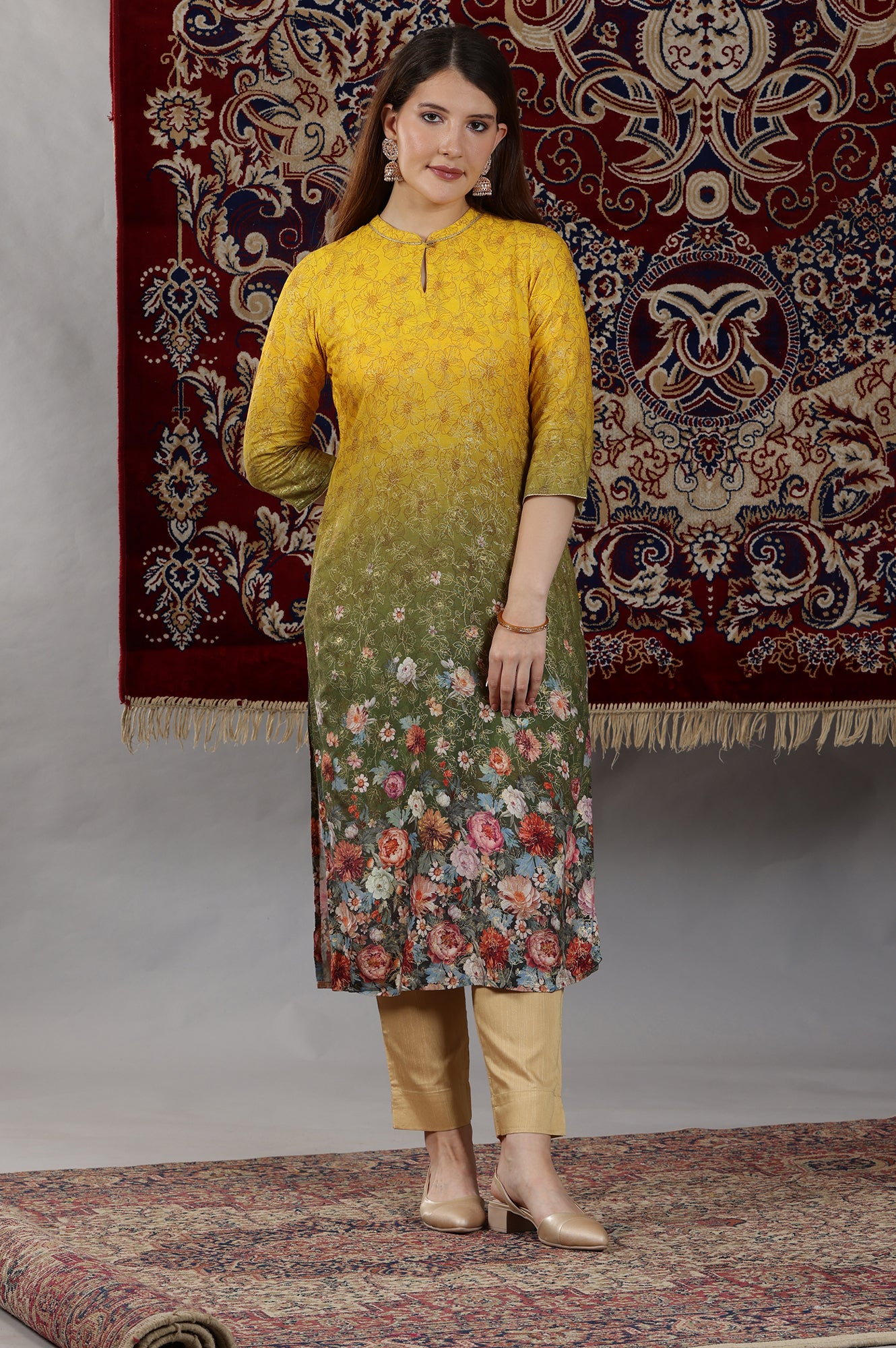 Yellow &amp; Green Ombre Coloured Straight Kurta with Multi-coloured Floral Print