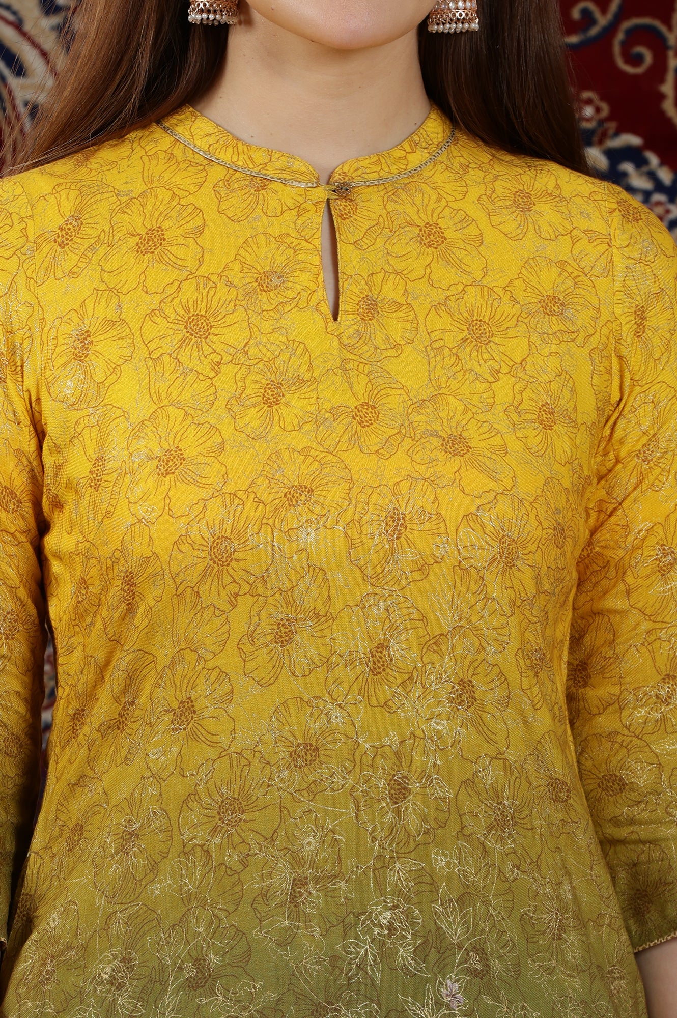 Yellow &amp; Green Ombre Coloured Straight Kurta with Multi-coloured Floral Print