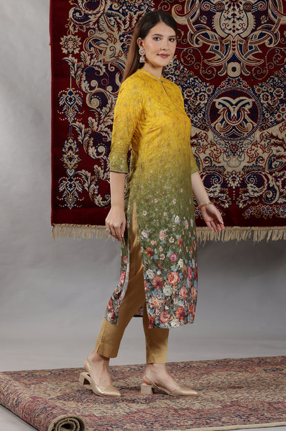 Yellow &amp; Green Ombre Coloured Straight Kurta with Multi-coloured Floral Print