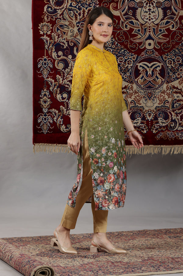 Yellow & Green Ombre Coloured Straight Kurta with Multi-coloured Floral Print
