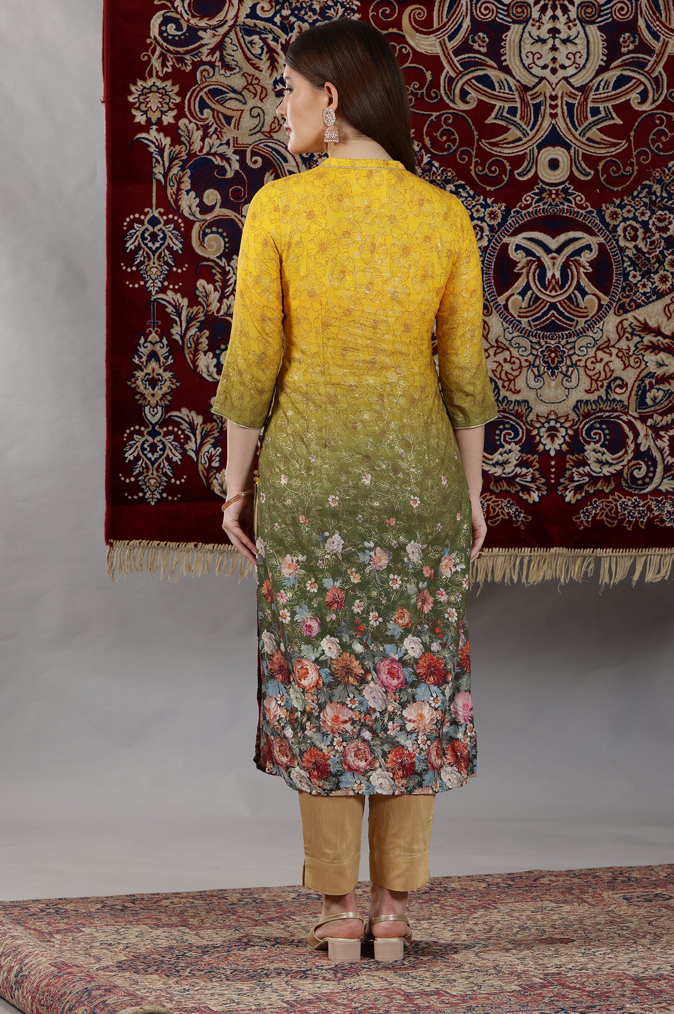 Yellow &amp; Green Ombre Coloured Straight Kurta with Multi-coloured Floral Print