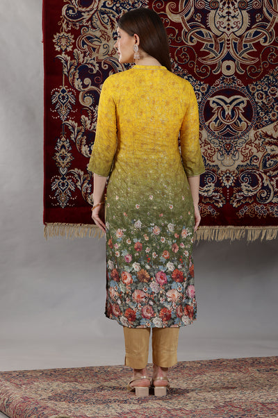 Yellow & Green Ombre Coloured Straight Kurta with Multi-coloured Floral Print