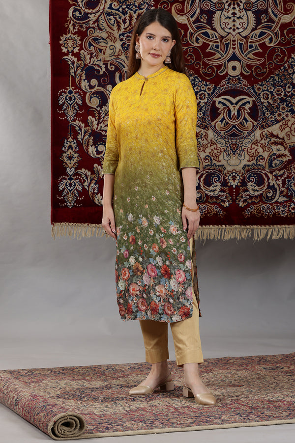 Yellow & Green Ombre Coloured Straight Kurta with Multi-coloured Floral Print