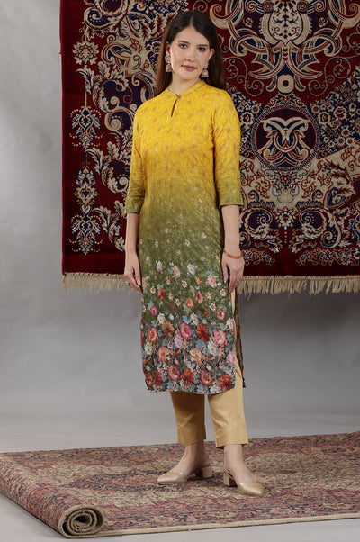 Yellow & Green Ombre Coloured Straight Kurta with Multi-coloured Floral Print
