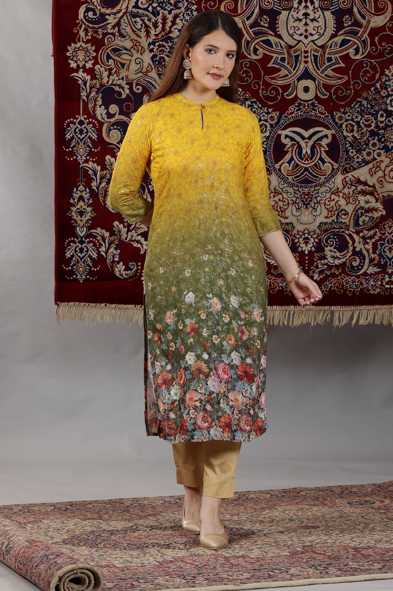 Yellow &amp; Green Ombre Coloured Straight Kurta with Multi-coloured Floral Print