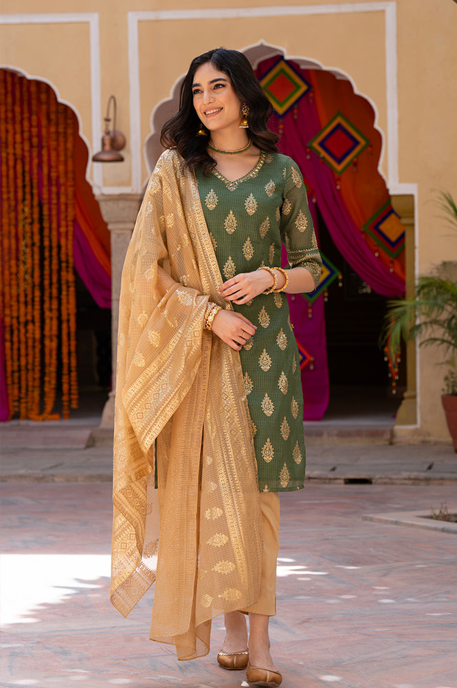 Green Foil Printed Straight Kota Kurta with Embroidered Neck