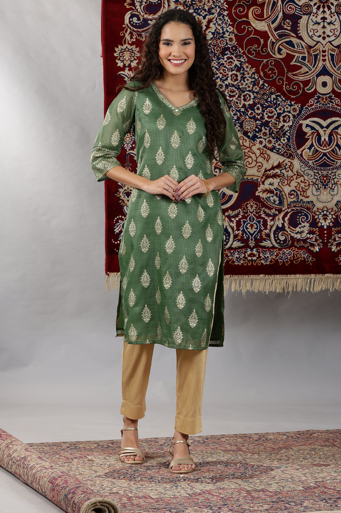 Green Foil Printed Straight Kota Kurta with Embroidered Neck