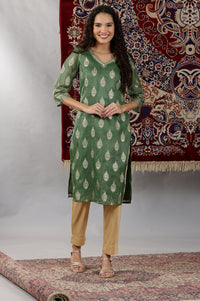 Green Abstract Foil Printed Sequined Straight Kota Kurta