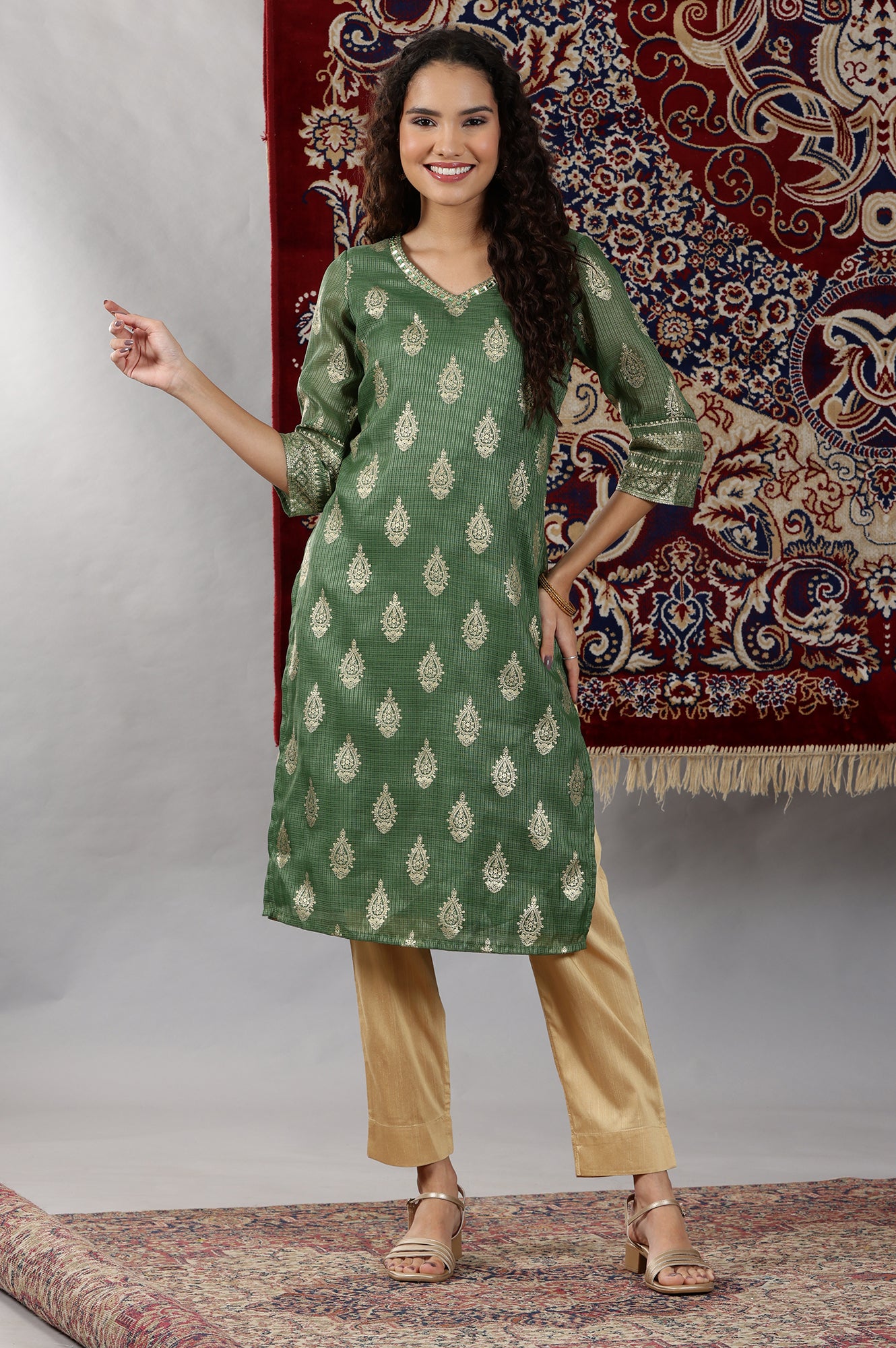 Green Foil Printed Straight Kota Kurta with Embroidered Neck