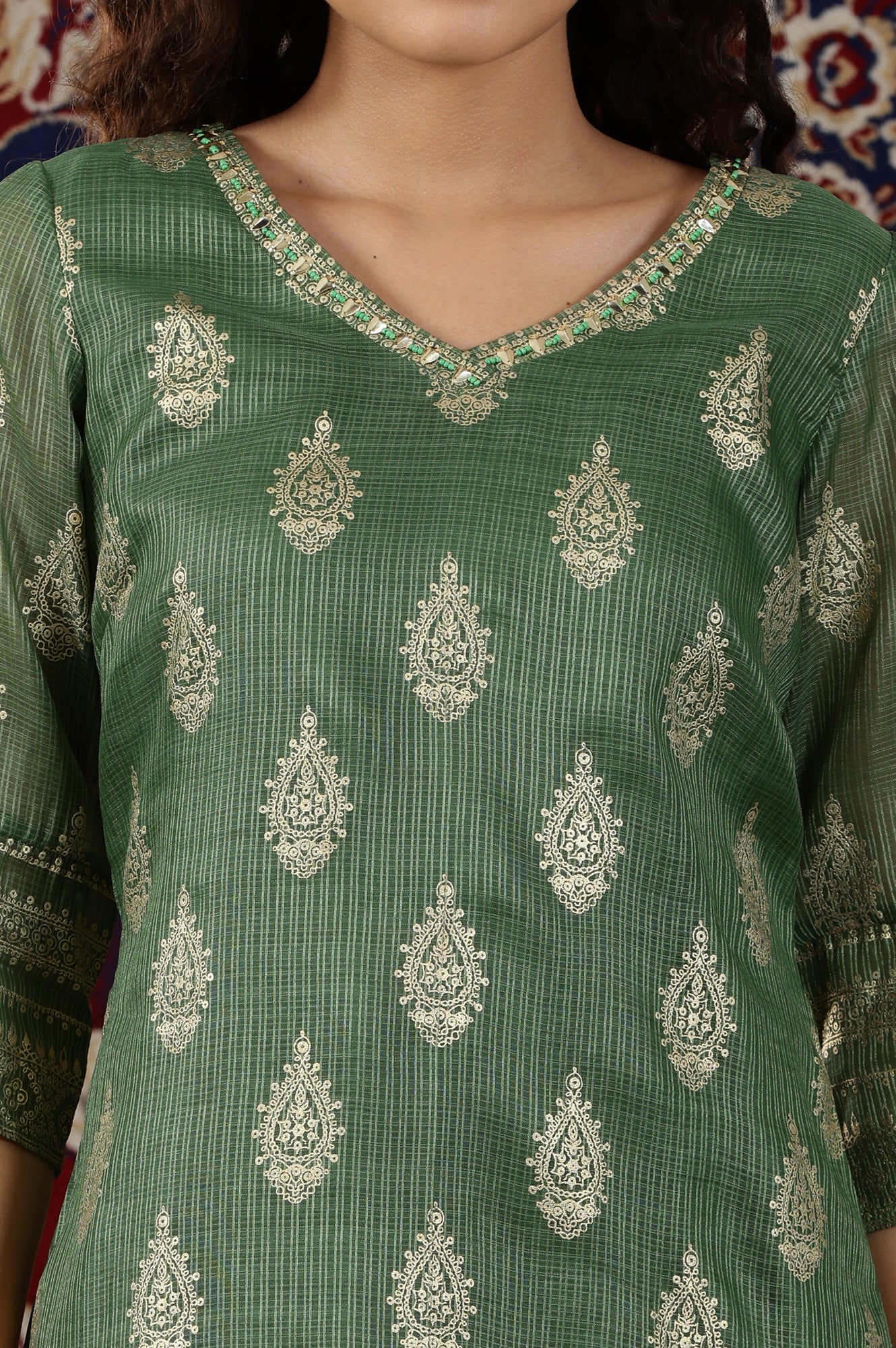 Green Foil Printed Straight Kota Kurta with Embroidered Neck