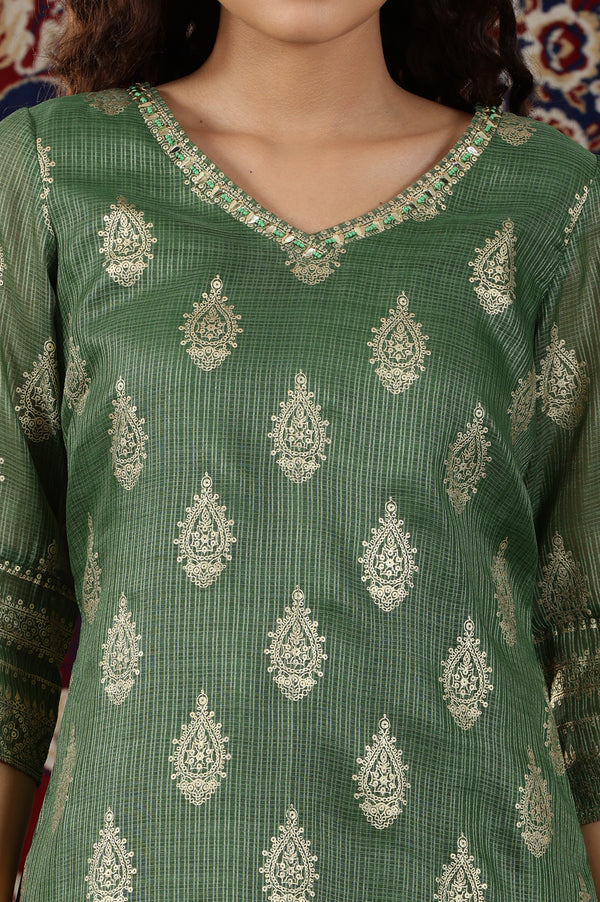 Green Abstract Foil Printed Sequined Straight Kota Kurta