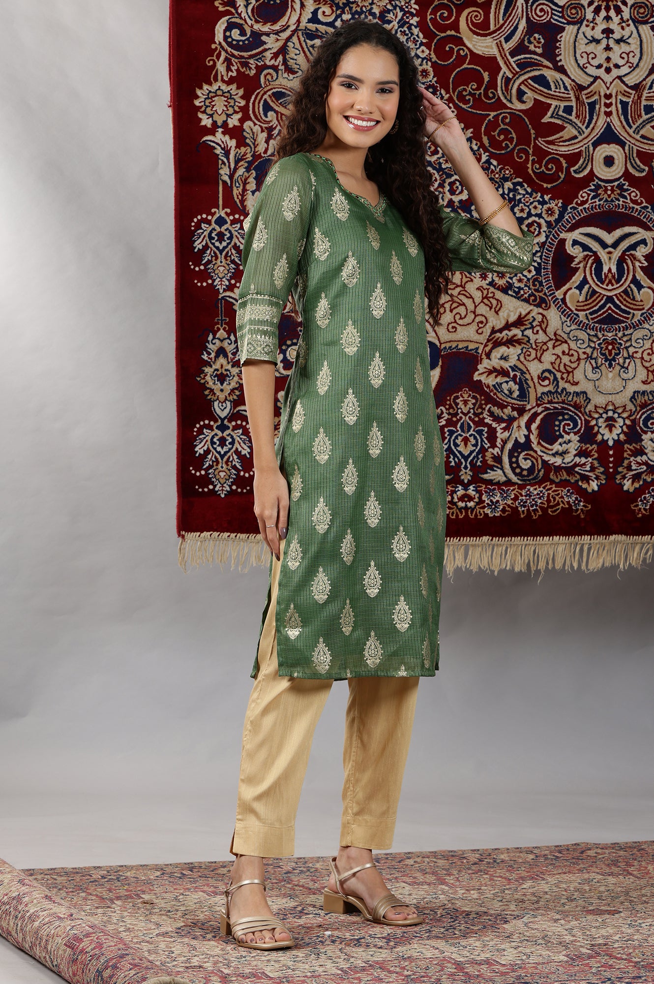 Green Foil Printed Straight Kota Kurta with Embroidered Neck