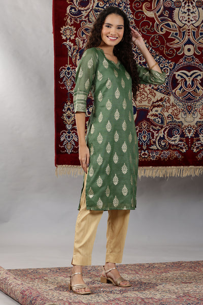 Green Foil Printed Straight Kota Kurta with Embroidered Neck