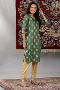 Green Abstract Foil Printed Sequined Straight Kota Kurta