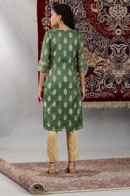 Green Foil Printed Straight Kota Kurta with Embroidered Neck