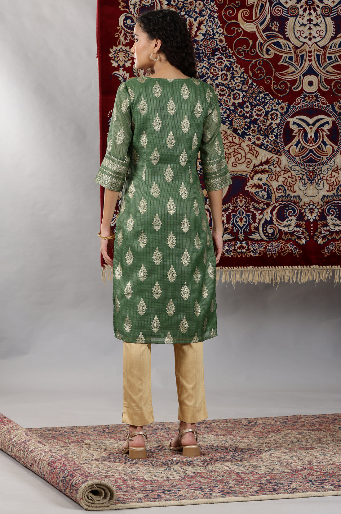 Green Abstract Foil Printed Sequined Straight Kota Kurta