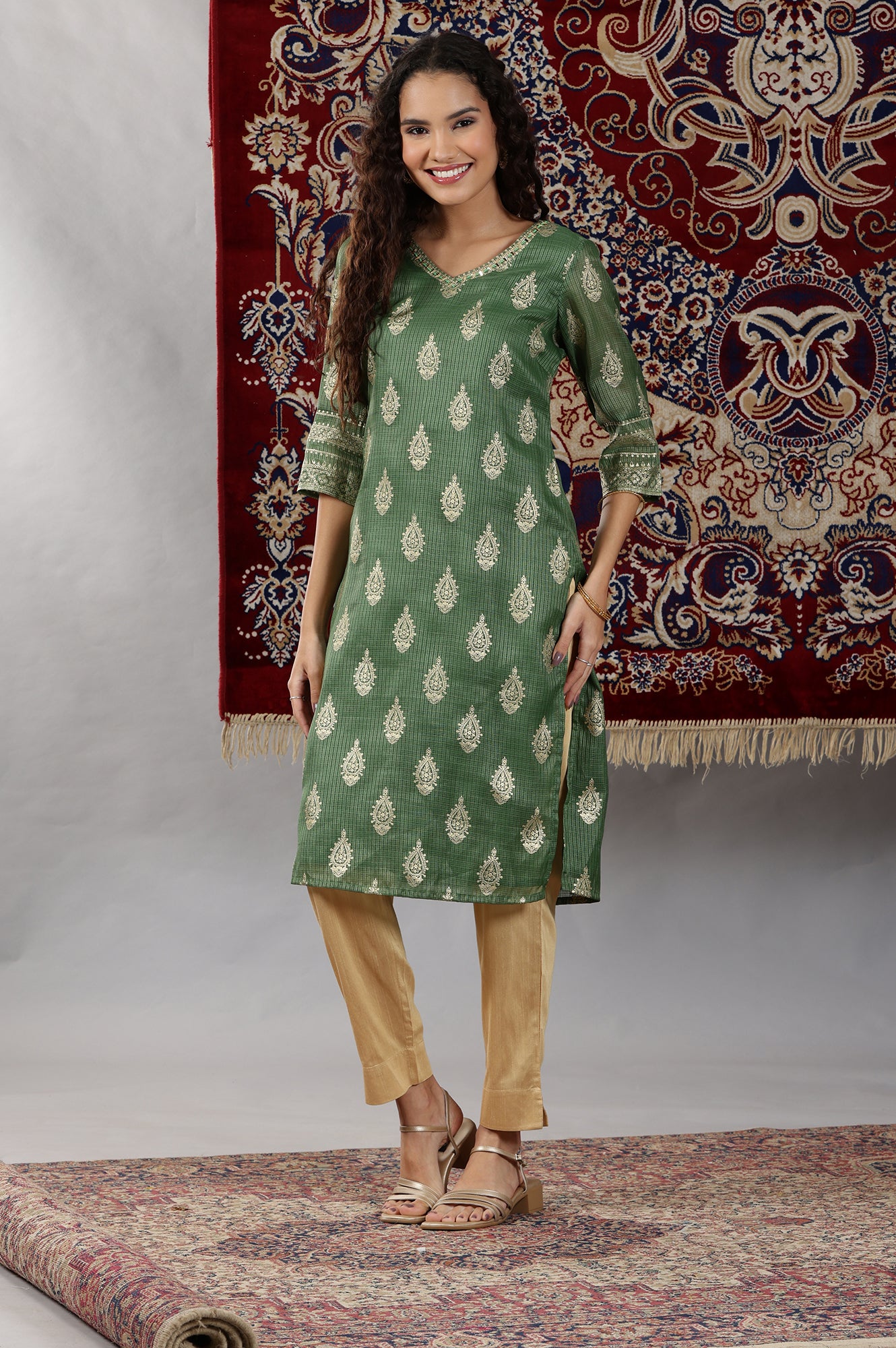 Green Foil Printed Straight Kota Kurta with Embroidered Neck