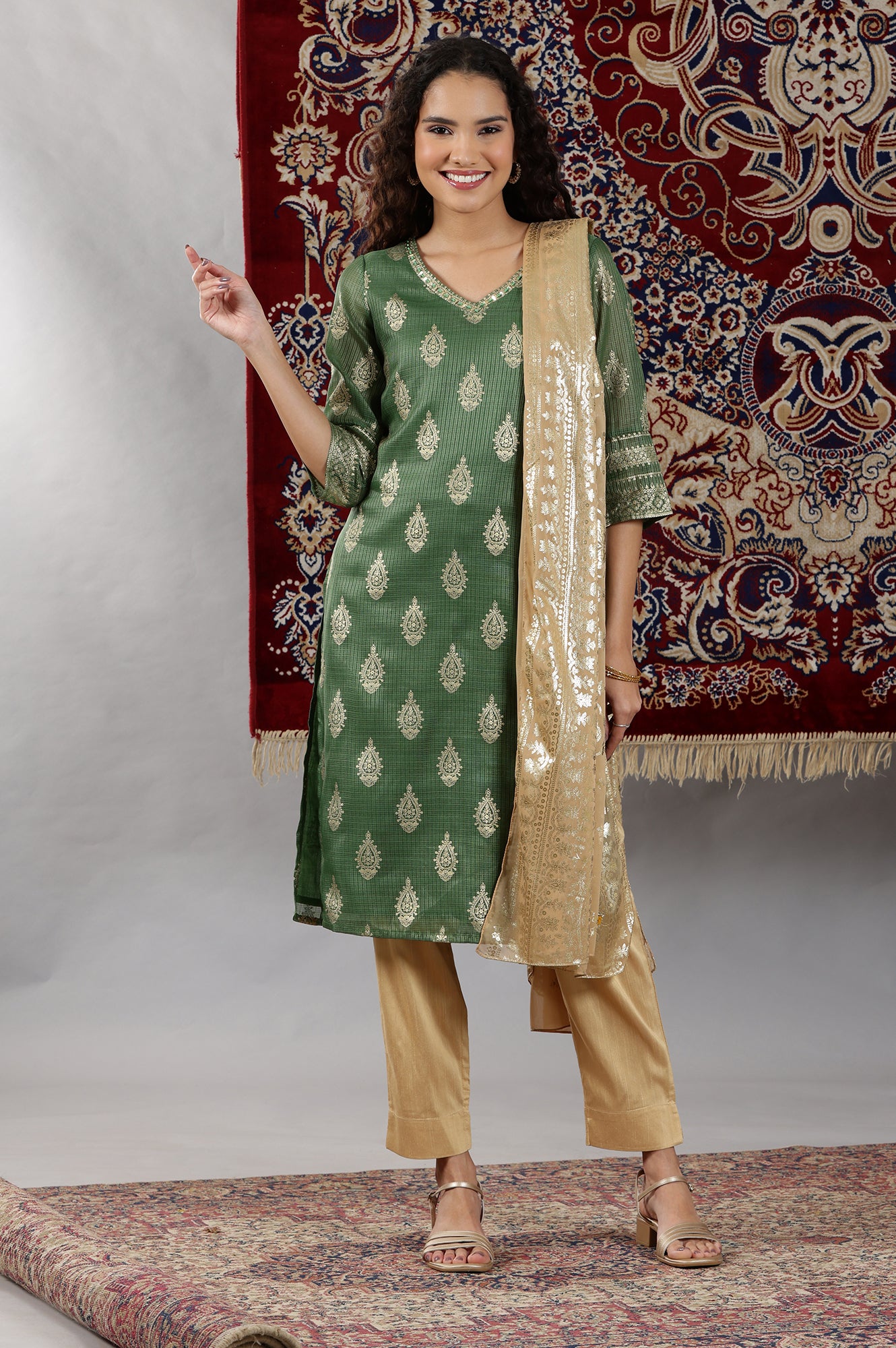 Green Foil Printed Straight Kota Kurta with Embroidered Neck