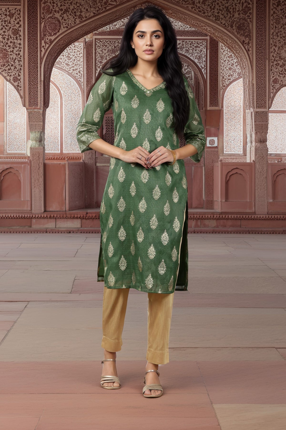 Green Foil Printed Straight Kota Kurta with Embroidered Neck - S