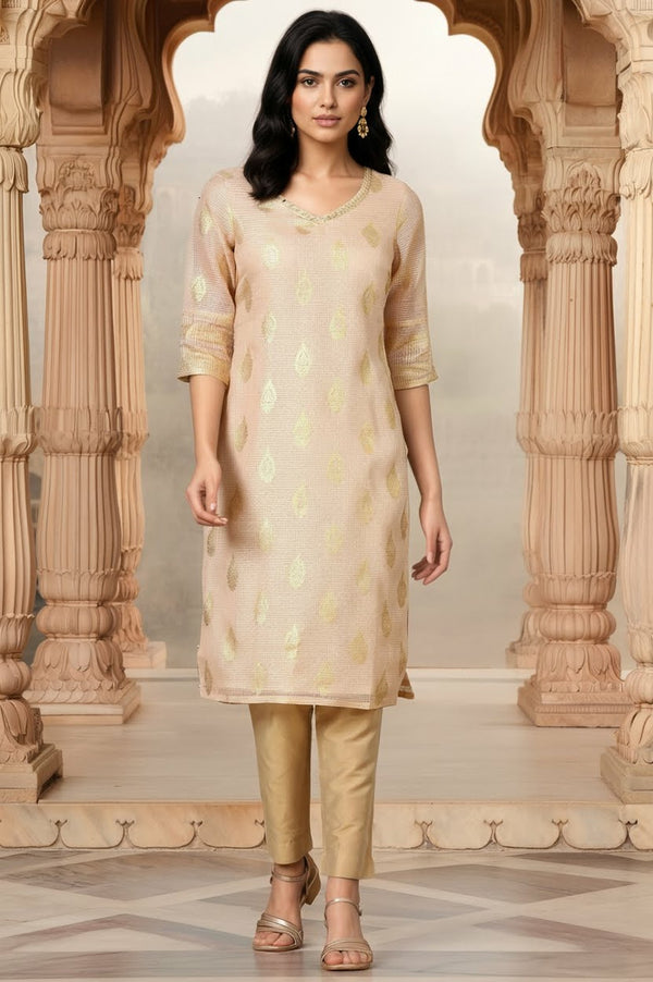 Beige Foil Printed Straight Kota Kurta with Embroidered Neck