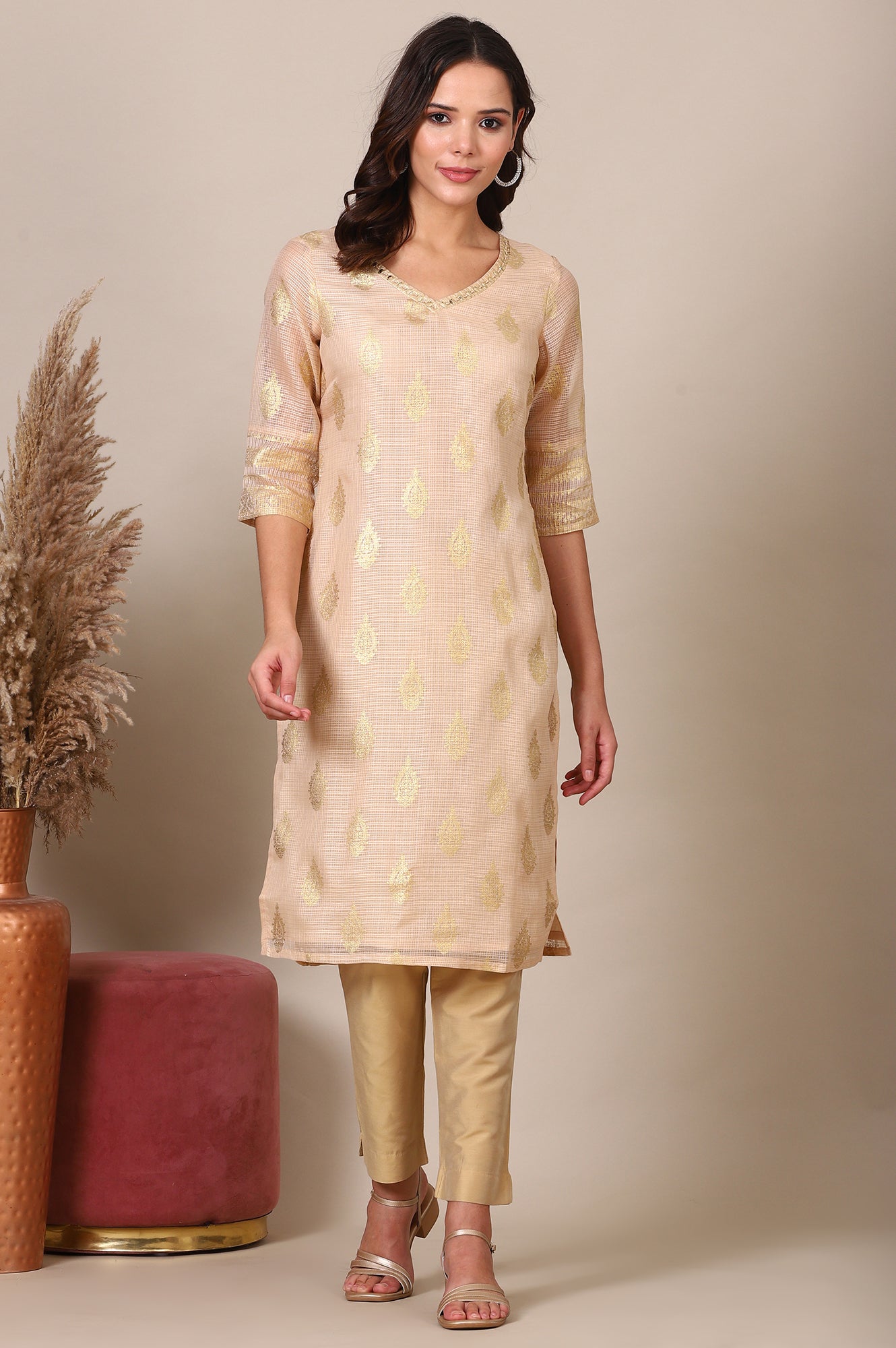 Beige Foil Printed Straight Kota Kurta with Embroidered Neck