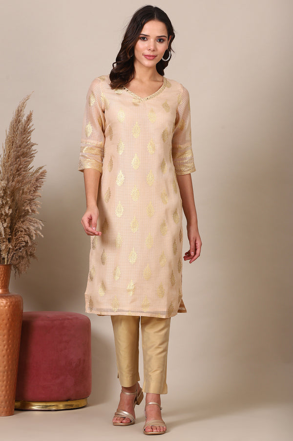 Beige Abstract Foil Printed Sequined Straight Kota Kurta