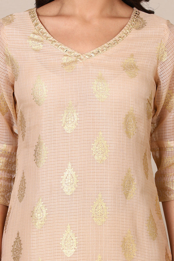 Beige Abstract Foil Printed Sequined Straight Kota Kurta