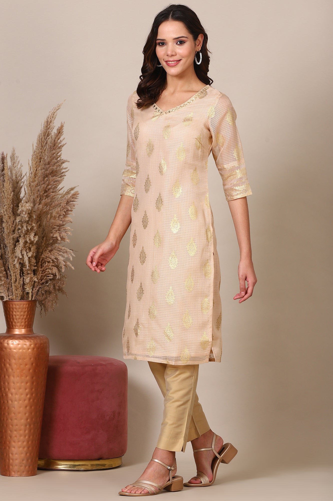 Beige Foil Printed Straight Kota Kurta with Embroidered Neck