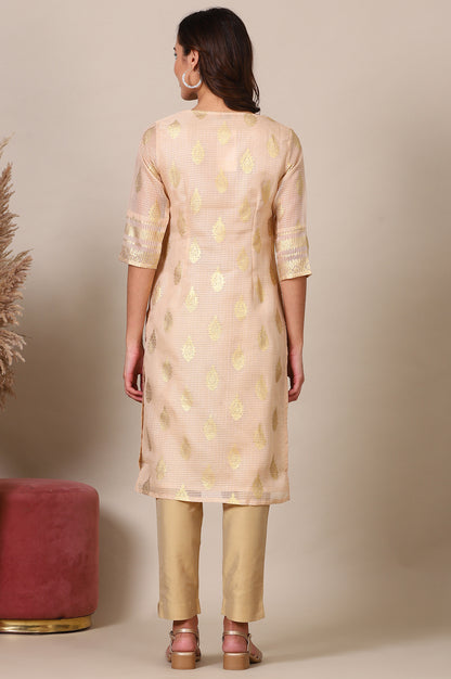 Beige Foil Printed Straight Kota Kurta with Embroidered Neck