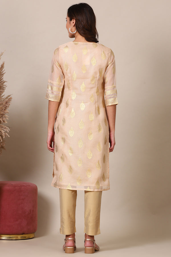 Beige Abstract Foil Printed Sequined Straight Kota Kurta