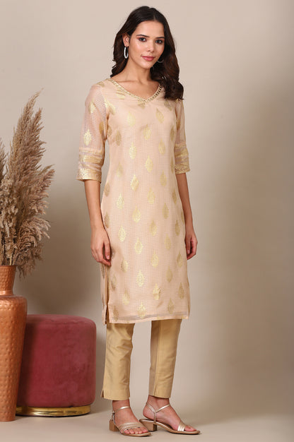 Beige Foil Printed Straight Kota Kurta with Embroidered Neck