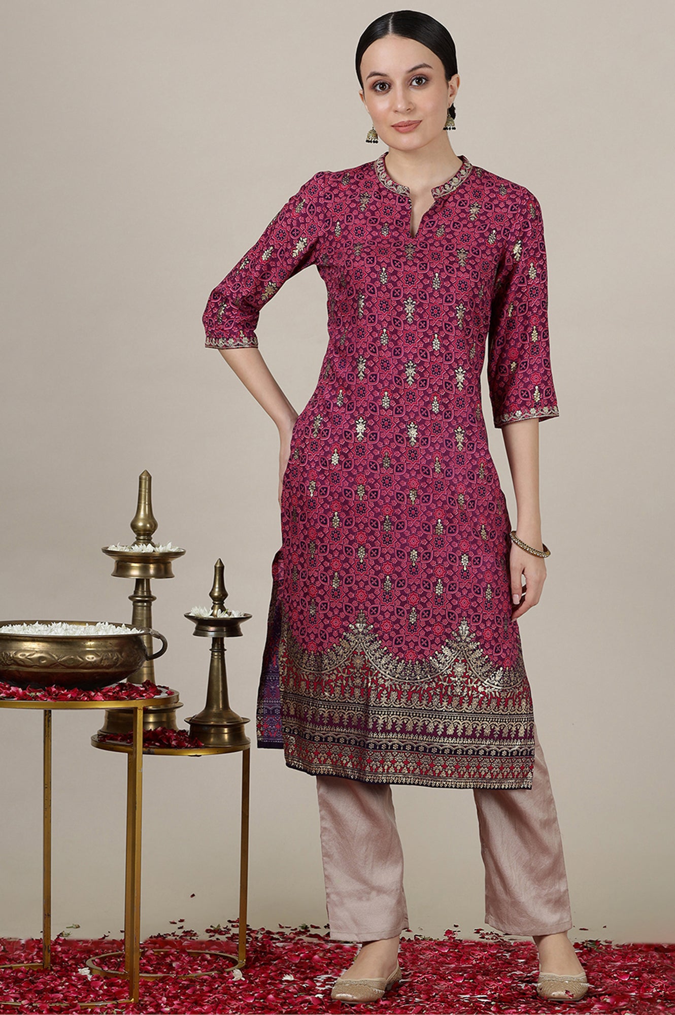 Pink Foil Floral Printed Straight Kurta with Heavy Gold Border