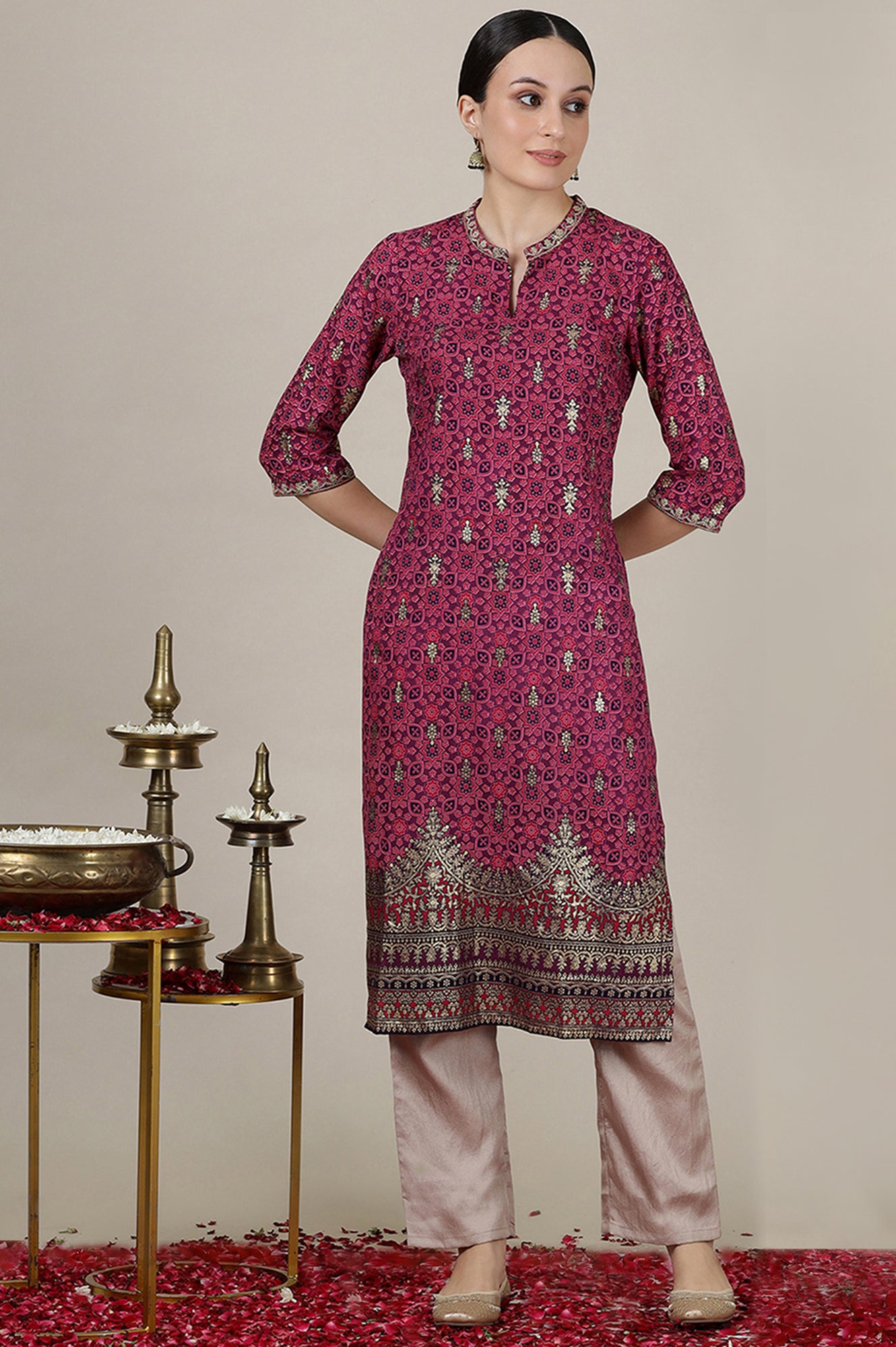 Pink Foil Floral Printed Straight Kurta with Heavy Gold Border