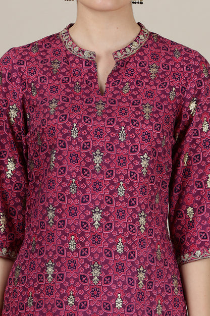 Pink Foil Floral Printed Straight Kurta with Heavy Gold Border