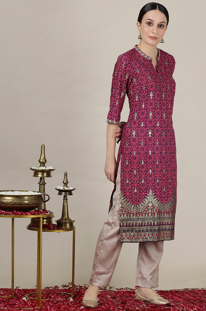 Pink Foil Floral Printed Straight Kurta with Heavy Gold Border