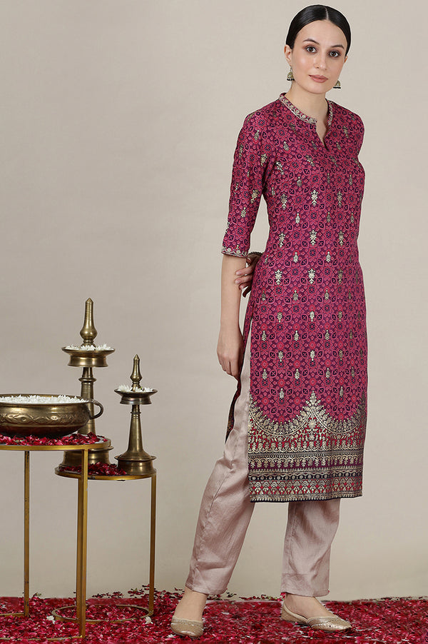 Pink Foil Floral Printed Straight Kurta with Heavy Gold Border