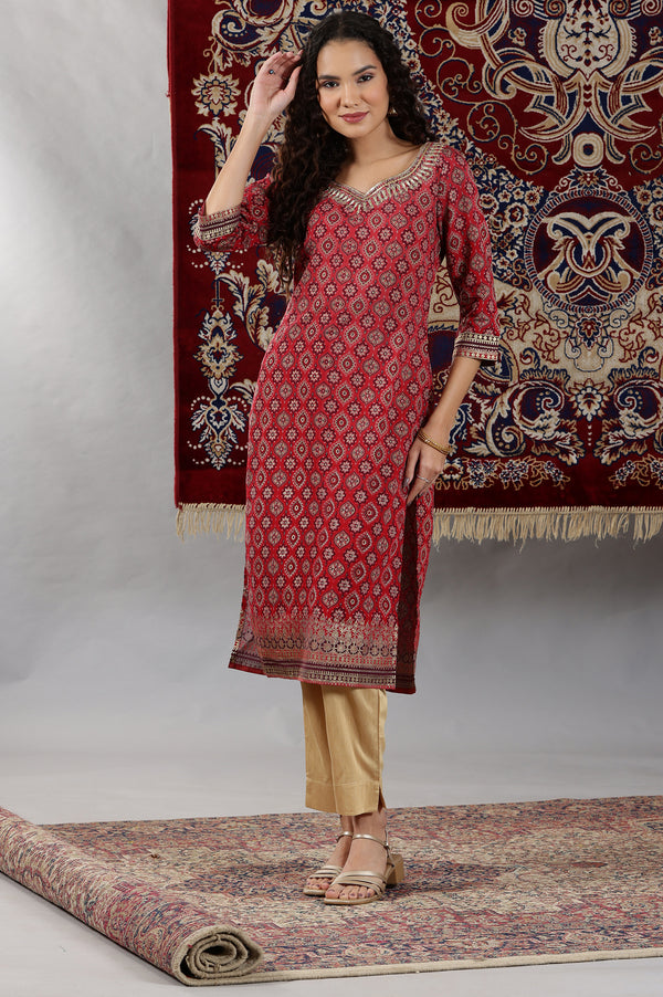 Maroon Abstract Print Sequined Straight Woven Kurta